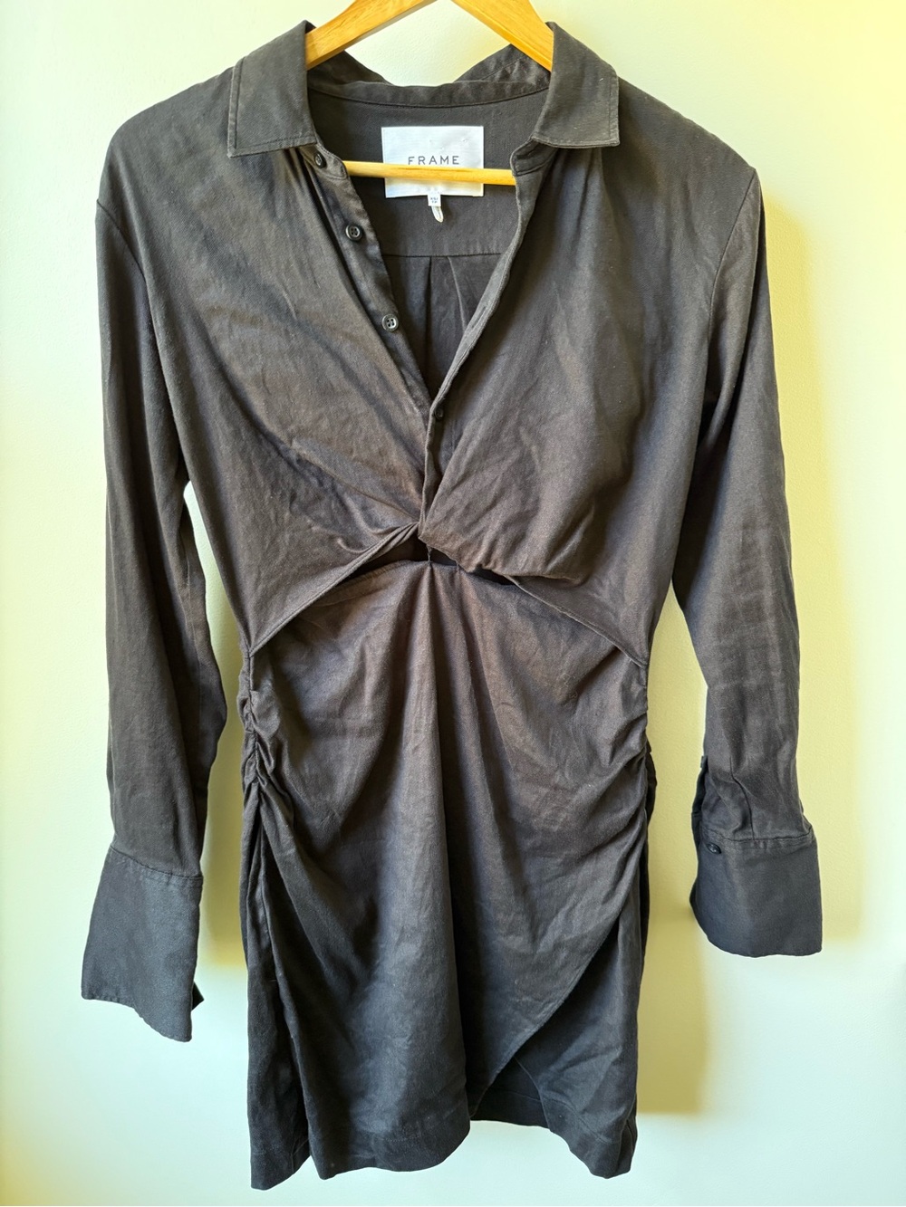 FRAME Twist Front Shirtdress Black Cut Out Twill Dress Minimalist Linen Blend XS
